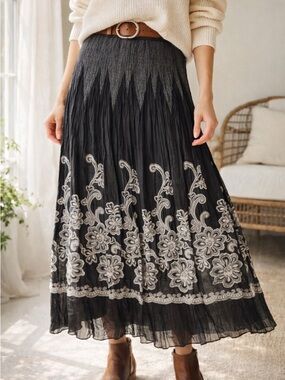 MSK Black Midi Skirt Womens Large Boho Pleated Sheer Hem Romantic Cottagecore